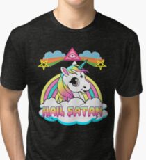 Unicorn hail satan death metal rainbown t-shirt Tri-blend T-Shirt