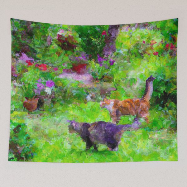 Item preview, impressionist style painting of a luscious garden full of cats designed and sold by xostarboyxo.