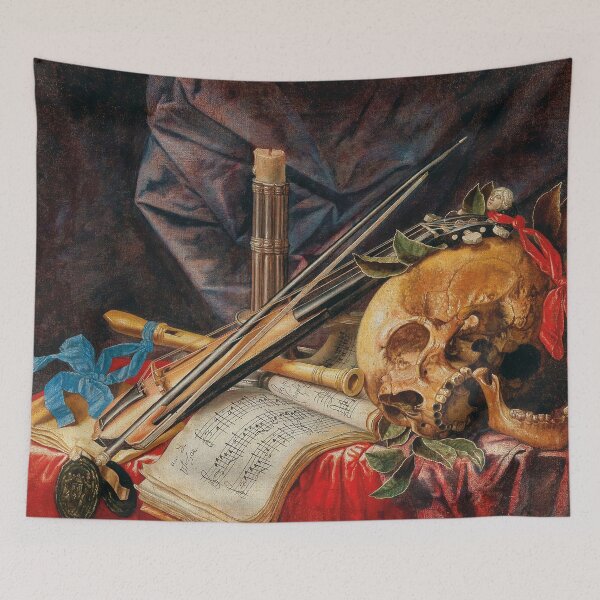 Item preview, A Vanitas Still Life with a Viol, a Clarinet, a Skull, a Sheet of Music and a Candle | Simon Renard de Saint-Andre | 1670 Renaissance Art designed and sold by CJET.