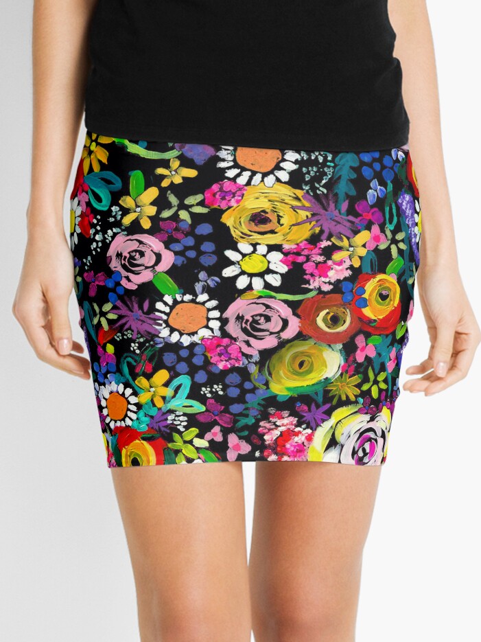 Mini Skirt, Les Fleurs Vibrant Floral Painting Print designed and sold by theartwerks