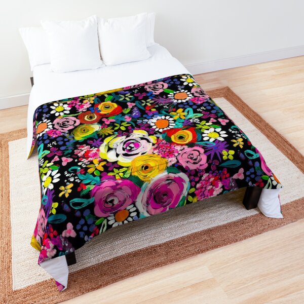 Les Fleurs Vibrant Floral Painting Print Comforter