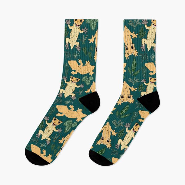 Item preview, Crested Gecko Frogbutt and tropical plant leaves pattern - lizards & leaves pattern - deep jungle green designed and sold by EcoElsa.