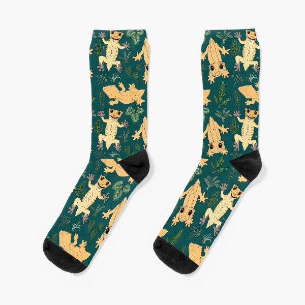 Item preview, Crested Gecko Frogbutt and tropical plant leaves pattern - lizards & leaves pattern - deep jungle green designed and sold by EcoElsa.