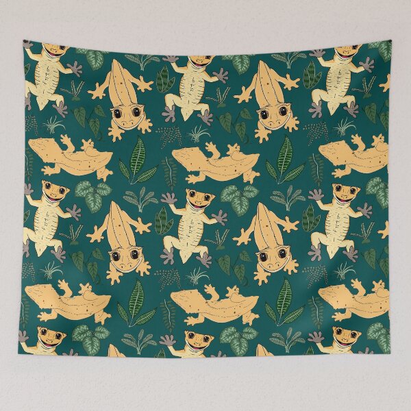 Item preview, Crested Gecko Frogbutt and tropical plant leaves pattern - lizards & leaves pattern - deep jungle green designed and sold by EcoElsa.