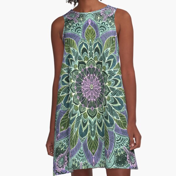 Hand Drawn Pink Purple Mandala on Dark A-Line Dress