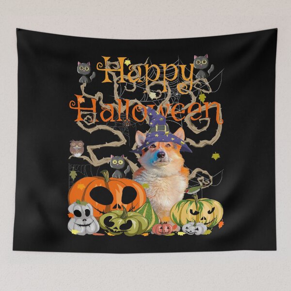 Item preview, Happy Halloween Witch Corgi Pumpkin Black Cat Jack-O-Lantern designed and sold by r-silver.