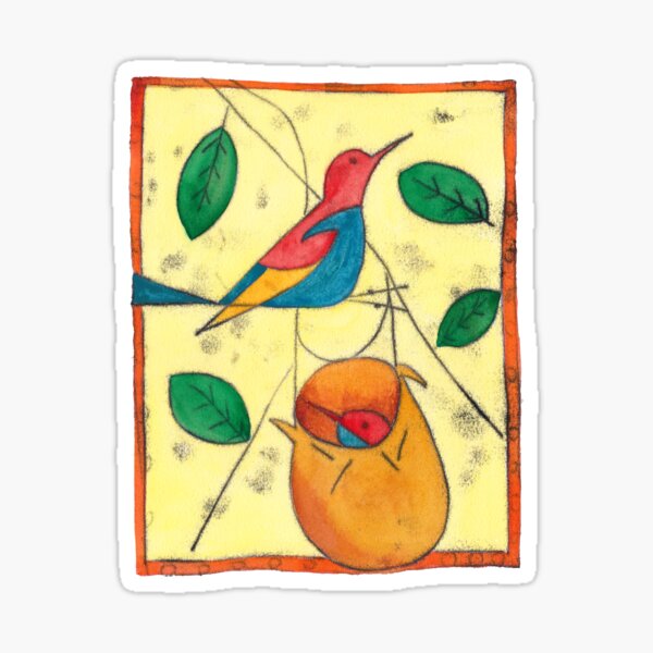Colored bird and birdsnest - Charley Harper style Sticker