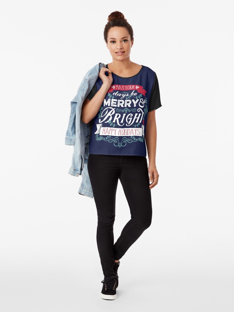Alternate view of Merry & Bright Christmas Happy Holidays Typography Chiffon Top