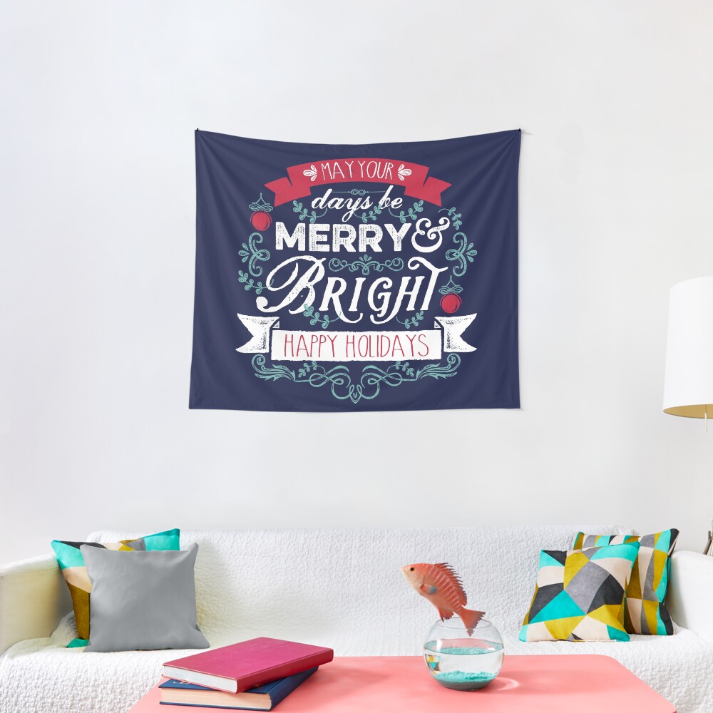 Merry & Bright Christmas Happy Holidays Typography Tapestry
