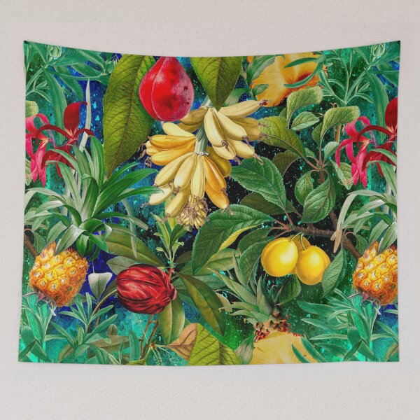 Item preview, Trendy banana floral leaves and fruits tropical pattern, botanical illustration, plants pattern, black turquoise floral illustration  designed and sold by ZeinabTaha.