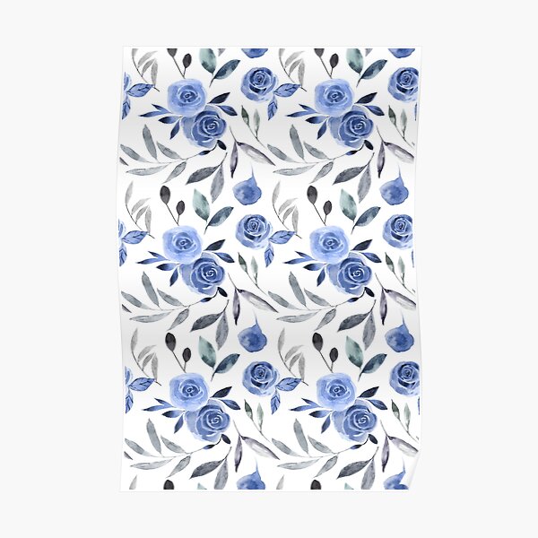 Blumiges Muster mit Blüten und Blättern in Blau Poster