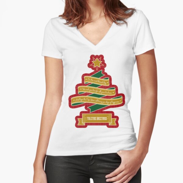 Christmas Tree Ribbon Red Plaid Yuletide Greetings Fitted V-Neck T-Shirt