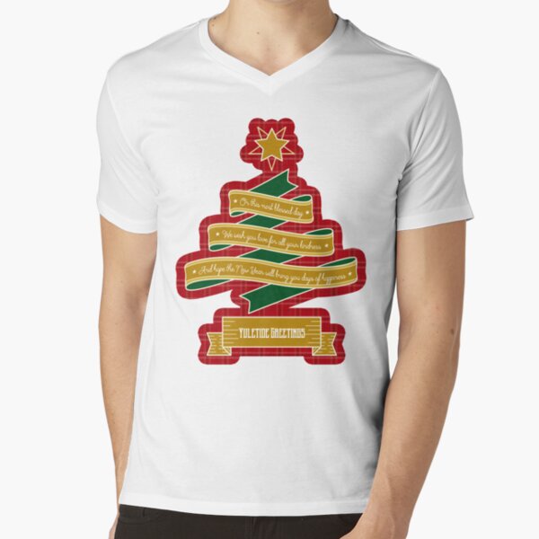 Christmas Tree Ribbon Red Plaid Yuletide Greetings V-Neck T-Shirt