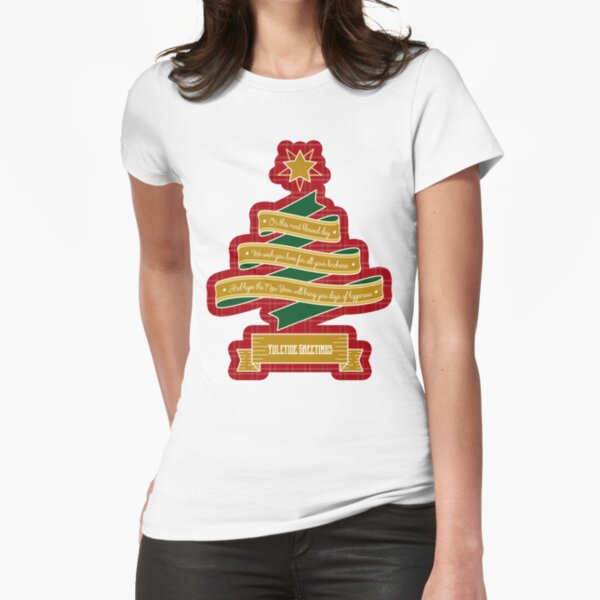Christmas Tree Ribbon Red Plaid Yuletide Greetings Fitted T-Shirt