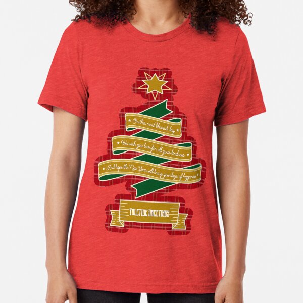 Christmas Tree Ribbon Red Plaid Yuletide Greetings Tri-blend T-Shirt