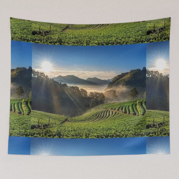 Item preview, Beautiful green landscape with green trees and mountain at sunset art designed and sold by BEAUTY ⭐⭐⭐⭐⭐.