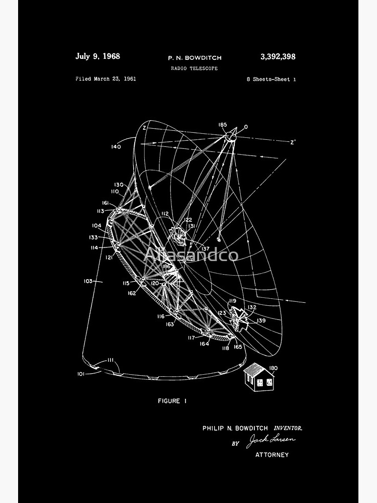 Radio Telescope Patent Bowditch July 9, 1968 White Version Art  Board Print