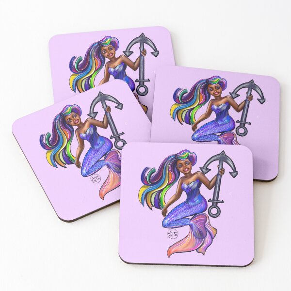 Item preview, African American mermaid with flowing rainbow hair and anchor , brown eyes curly Afro hair and caramel brown skin designed and sold by Artonmytee.