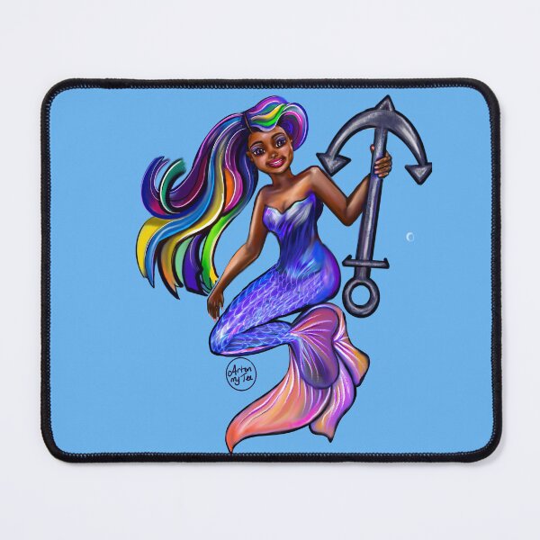 Item preview, African American mermaid with flowing rainbow hair and anchor , brown eyes curly Afro hair and caramel brown skin designed and sold by Artonmytee.