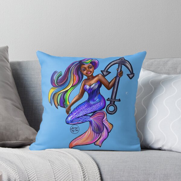 Item preview, African American mermaid with flowing rainbow hair and anchor , brown eyes curly Afro hair and caramel brown skin designed and sold by Artonmytee.