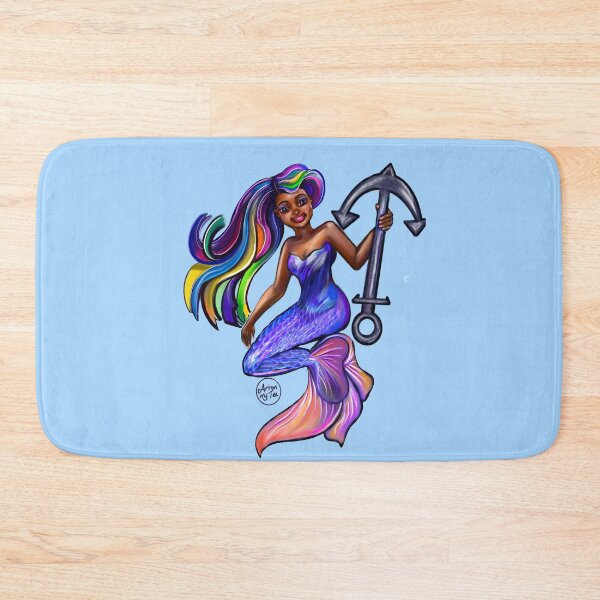 Item preview, African American mermaid with flowing rainbow hair and anchor , brown eyes curly Afro hair and caramel brown skin designed and sold by Artonmytee.