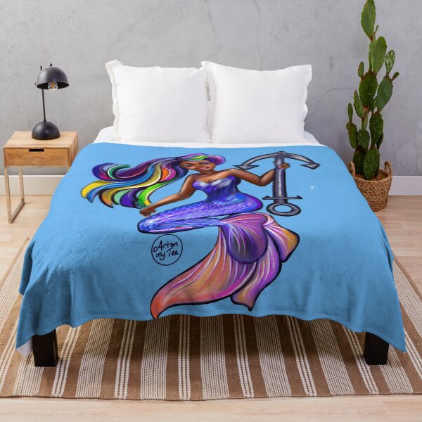 Item preview, African American mermaid with flowing rainbow hair and anchor , brown eyes curly Afro hair and caramel brown skin designed and sold by Artonmytee.