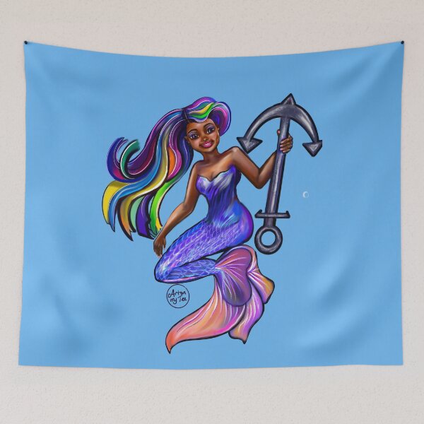 Item preview, African American mermaid with flowing rainbow hair and anchor , brown eyes curly Afro hair and caramel brown skin designed and sold by Artonmytee.