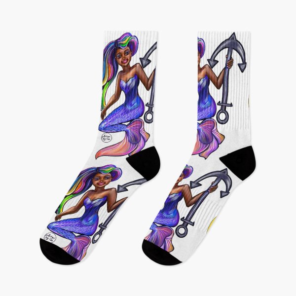 Item preview, African American mermaid with flowing rainbow hair and anchor , brown eyes curly Afro hair and caramel brown skin designed and sold by Artonmytee.