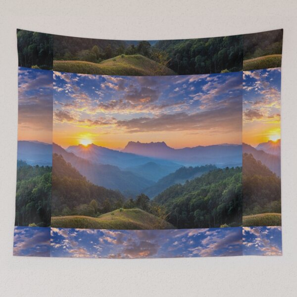 Item preview, Beautiful green landscape with green grass and mountain at sunset art designed and sold by BEAUTY ⭐⭐⭐⭐⭐.