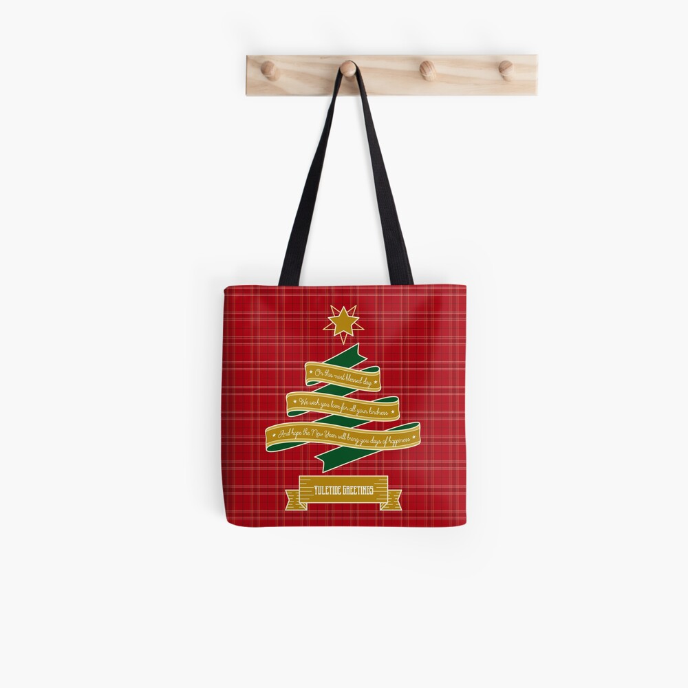 Ribbon Christmas Tree Red Plaid Yuletide Greetings Tote Bag