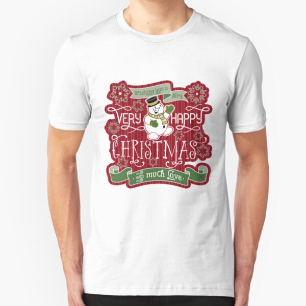 Snowman Very Happy Christmas With Much Love Typography Slim Fit T-Shirt