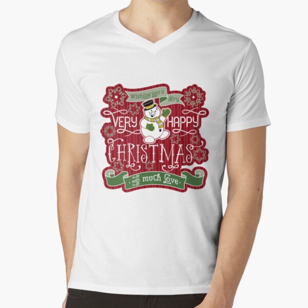 Snowman Very Happy Christmas With Much Love Typography V-Neck T-Shirt