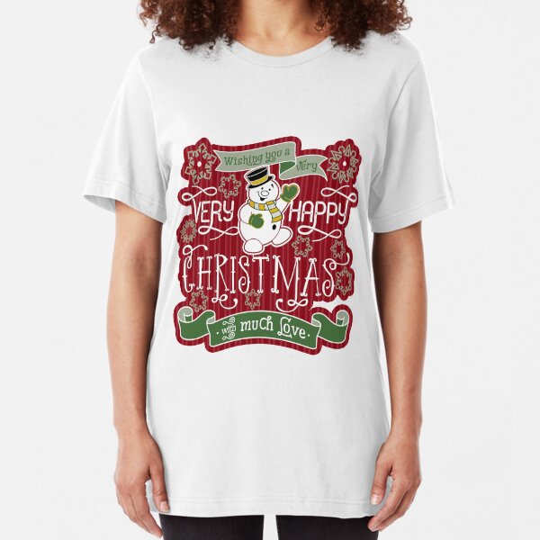 Snowman Very Happy Christmas With Much Love Typography Slim Fit T-Shirt