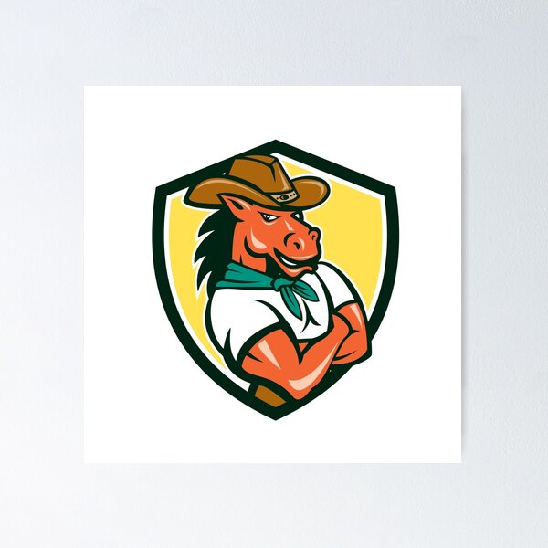 Item preview, Cowboy Horse Arms Crossed Shield Cartoon designed and sold by patrimonio.