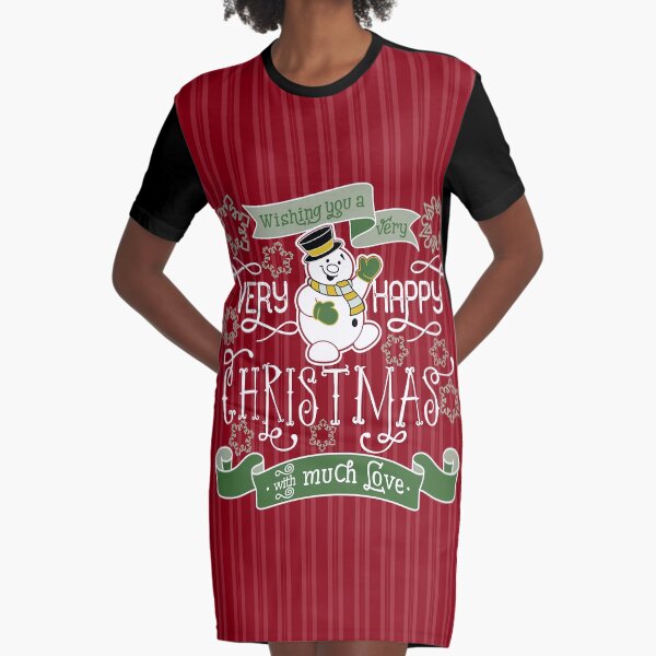 Wishing You A Very Happy Christmas Snowman Typography Graphic T-Shirt Dress