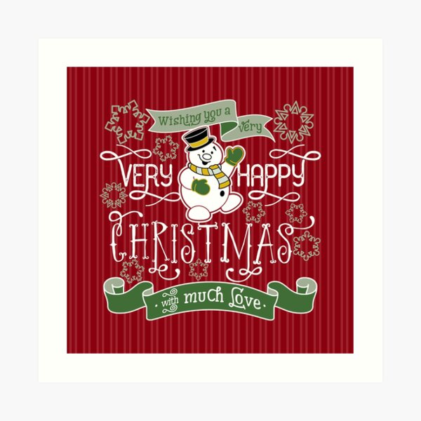 Wishing You A Very Happy Christmas Snowman Typography Art Print