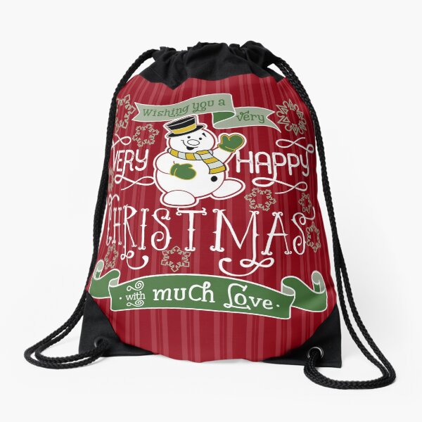 Wishing You A Very Happy Christmas Snowman Typography Drawstring Bag
