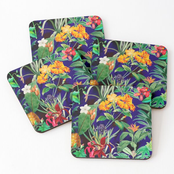 Item preview, Trendy tropical foliage exotic floral pattern, leaves and flowers tropical pattern, botanical illustration, dark blue floral illustration   designed and sold by ZeinabTaha.