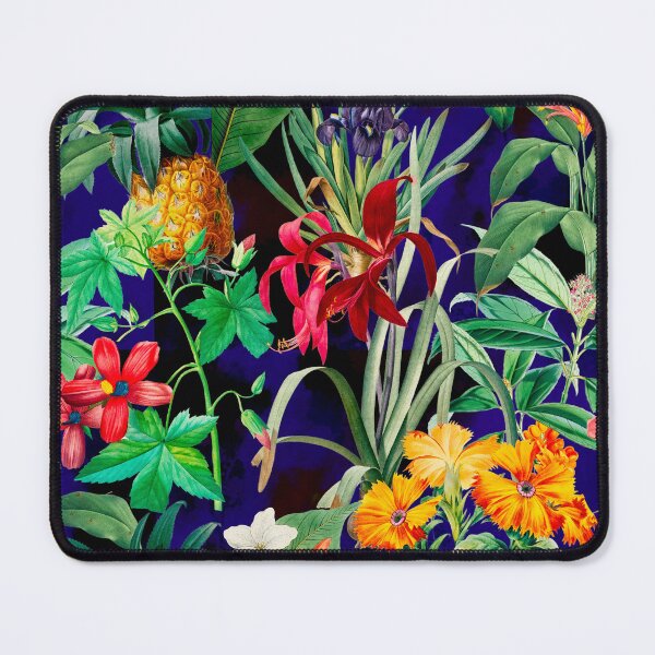 Item preview, Trendy tropical foliage exotic floral pattern, leaves and flowers tropical pattern, botanical illustration, dark blue floral illustration designed and sold by ZeinabTaha.