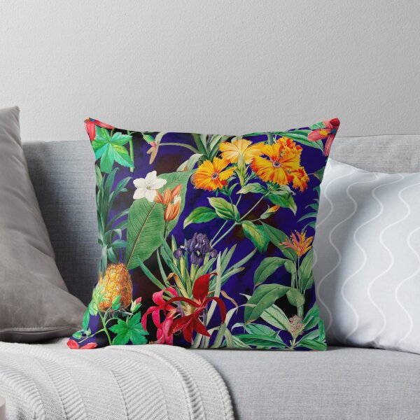 Item preview, Trendy tropical foliage exotic floral pattern, leaves and flowers tropical pattern, botanical illustration, dark blue floral illustration designed and sold by ZeinabTaha.