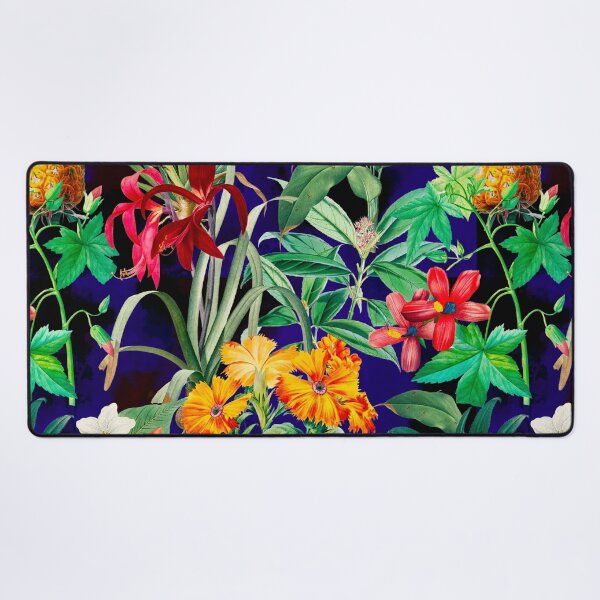 Item preview, Trendy tropical foliage exotic floral pattern, leaves and flowers tropical pattern, botanical illustration, dark blue floral illustration designed and sold by ZeinabTaha.