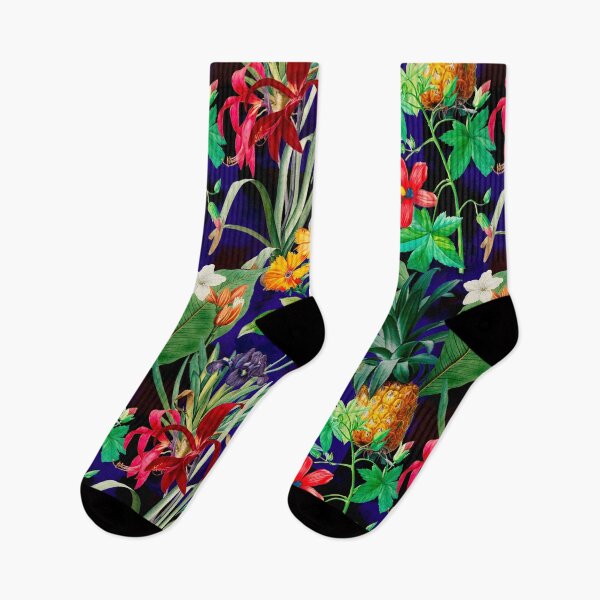 Item preview, Trendy tropical foliage exotic floral pattern, leaves and flowers tropical pattern, botanical illustration, dark blue floral illustration   designed and sold by ZeinabTaha.