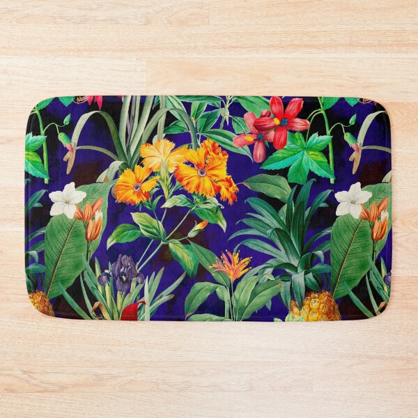 Item preview, Trendy tropical foliage exotic floral pattern, leaves and flowers tropical pattern, botanical illustration, dark blue floral illustration   designed and sold by ZeinabTaha.
