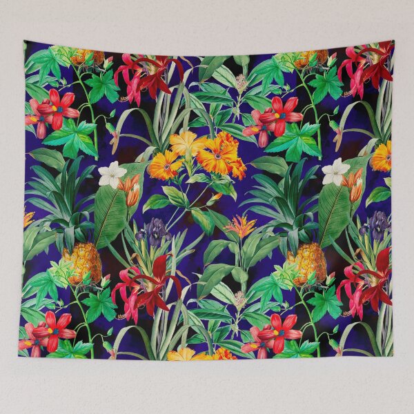 Item preview, Trendy tropical foliage exotic floral pattern, leaves and flowers tropical pattern, botanical illustration, dark blue floral illustration   designed and sold by ZeinabTaha.