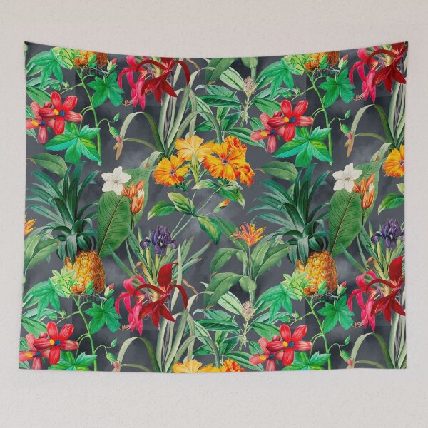 Item preview, Trendy tropical foliage exotic floral pattern, leaves and flowers tropical pattern, botanical illustration, grey floral illustration designed and sold by ZeinabTaha.