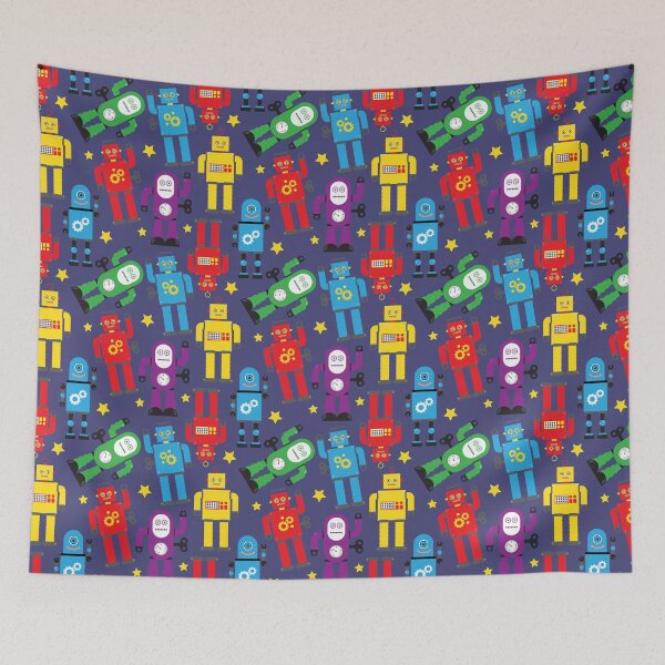 Item preview, Colourful Robots Pattern on Navy Blue designed and sold by HotHibiscus.
