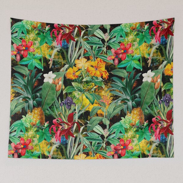 Item preview, Trendy tropical foliage exotic floral pattern, leaves and flowers tropical pattern, botanical illustration, black floral illustration designed and sold by ZeinabTaha.
