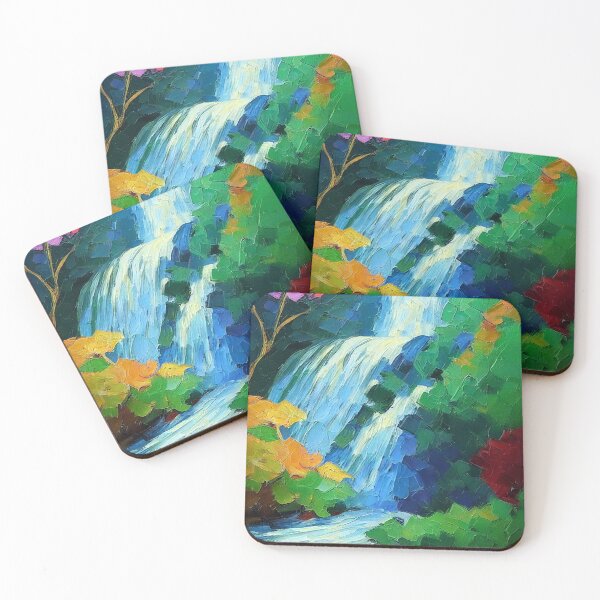 Item preview, Colorful Japanese Forest Waterfall - Impressionist Painting designed and sold by SkyeArtShop.