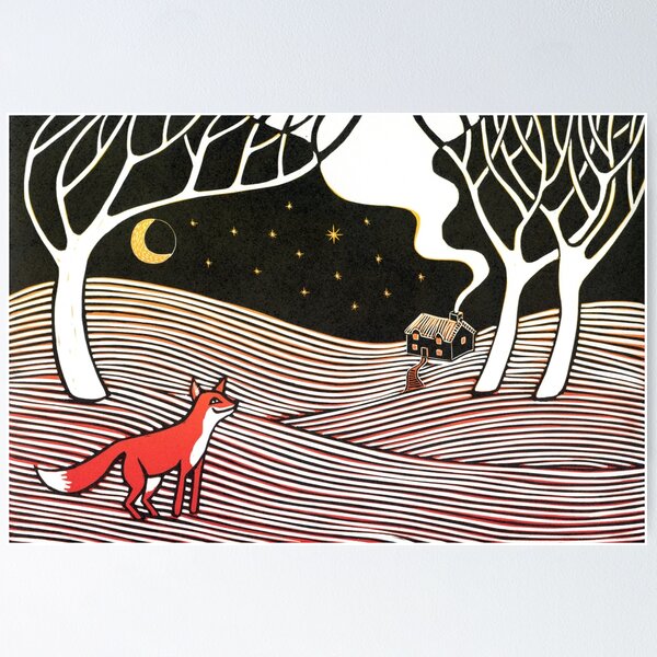 Item preview, Stargazing - Fox in the Night - linocut by Francesca Whetnall designed and sold by Cecca-Designs.