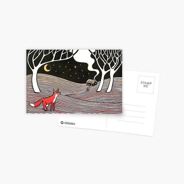Stargazing - Fox in the Night - original linocut by Francesca Whetnall Postcard